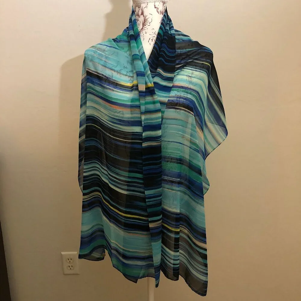 Calvin Klein Striped Scarf – Luxe Jewel-Toned Blues & Black
